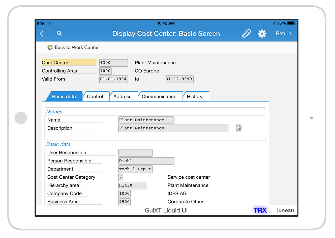 Liquid UI for iOS/Android - SAP PM - Display Cost Center